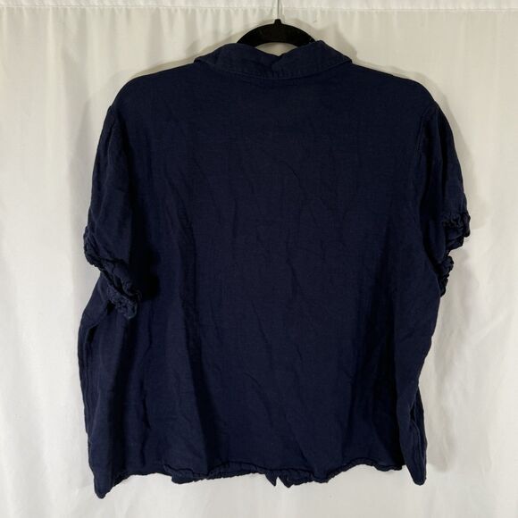 Any Body Blouse Women's 1X Blue Button Up Short Sleeve Cotton Linen Blend Solid - Picture 6 of 8